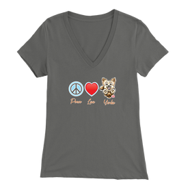Grey Bella Womens V-Neck Shirt featuring the Peace Love Yorkie dog design from OMG You're HOME!