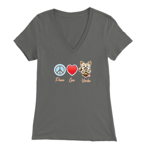 Grey Bella Womens V-Neck Shirt featuring the Peace Love Yorkie dog design from OMG You're HOME!