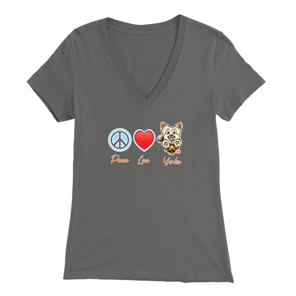 Grey Bella Womens V-Neck Shirt featuring the Peace Love Yorkie dog design from OMG You're HOME!