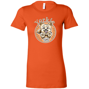 a womans bright orange t-shirt with a yorkshire terrier dog drawing on the front