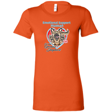 Load image into Gallery viewer, a womens orange shirt featuring the original German Shepherd dog artwork by OMG You&#39;re HOME! The text &quot;Emotional Support Human&quot; appears above the design in light blue letters. 