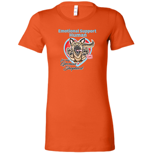 a womens orange shirt featuring the original German Shepherd dog artwork by OMG You're HOME! The text "Emotional Support Human" appears above the design in light blue letters. 