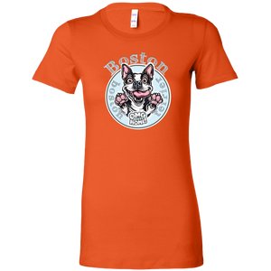 an orange woman's shirt with a Boston Terrier dog design by OMG You're Home