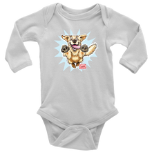 Load image into Gallery viewer, A white long-sleeve onesie featuring the original happy and excited Golden Retriever on the front