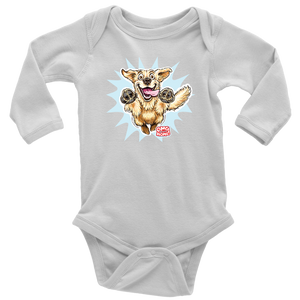 A white long-sleeve onesie featuring the original happy and excited Golden Retriever on the front