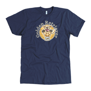 a mens navy blue t-shirt featuring the original Golden Retriever artwork by OMG You're Home on the front