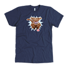 front view of a men's navy blue t-shirt with the OMG You're Home Chocolate Labrador Retriever dog design in full color