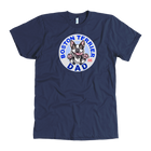 A men's navy blue t-shirt featuring the original OMG You're Home Boston Terrier dog design on the front