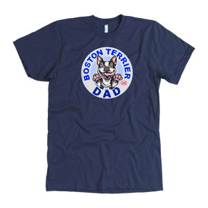 A men's navy blue t-shirt featuring the original OMG You're Home Boston Terrier dog design on the front