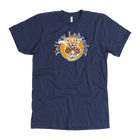 front view of a men's navy blue American Apparel  t-shirt featuring the OMG You're HOME! Yellow Labrador Retriever design