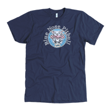 Load image into Gallery viewer, The front view of a men&#39;s navy blue t-shirt featuring the OMG blue nose pit bull design on the front in full color