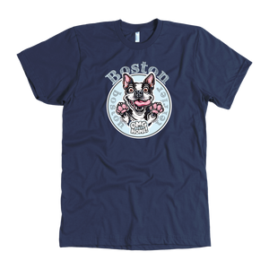 Navy blue dog lover's t-shirt featuring the Boston Terrier dog design by OMG You're Home