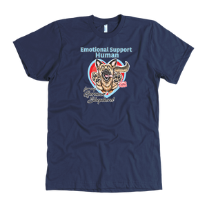 a blue American Apparel Mens dog lovers shirt featuring the German Shepherd design in the Emotional Support Human collection