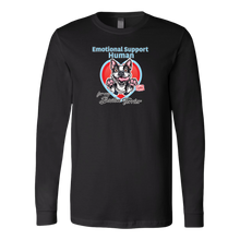 Load image into Gallery viewer, a black long sleeve shirt featuring the Boston Terrier dog design in the Emotional Support Human collection. Great gift idea for the Bostie dog lover. 