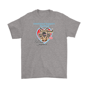 A mens heather grey t-shirt with the OMG You're HOME! German Shepherd dog design on the front