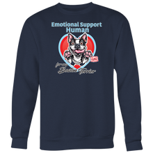 Load image into Gallery viewer, Emotional Support Human - Boston Terrier dog design on a navy blue crewneck sweatshirt