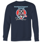 Emotional Support Human - Boston Terrier dog design on a navy blue crewneck sweatshirt