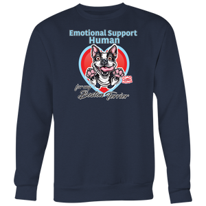 Emotional Support Human - Boston Terrier dog design on a navy blue crewneck sweatshirt