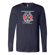 Load image into Gallery viewer, a navy blue long sleeve shirt featuring the Boston Terrier dog design in the Emotional Support Human collection. Great gift idea for the Bostie dog lover. 