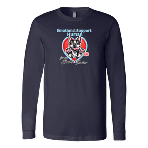 a navy blue long sleeve shirt featuring the Boston Terrier dog design in the Emotional Support Human collection. Great gift idea for the Bostie dog lover. 