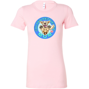 A women's light pink t-shirt featuring the OMG You're Home! Golden Retriever artwork 