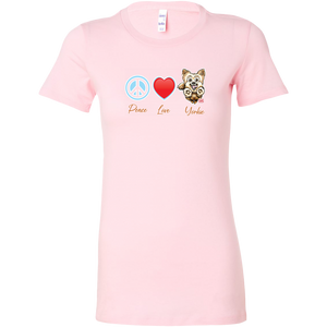 Pink Bella Womens Shirt featuring the Peace Love Yorkie dog design from OMG You're HOME!