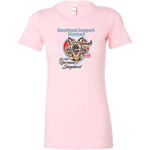 a womens pink shirt featuring the original German Shepherd dog artwork by OMG You're HOME! The text "Emotional Support Human" appears above the design in light blue letters. 