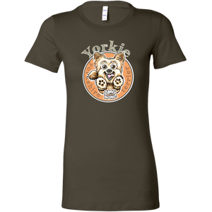 a womans dark grey tshirt with a yorkshire terrier dog drawing on the front