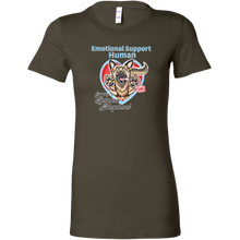 Load image into Gallery viewer, a womens dark grey shirt featuring the original German Shepherd dog artwork by OMG You&#39;re HOME! The text &quot;Emotional Support Human&quot; appears above the design in light blue letters. 