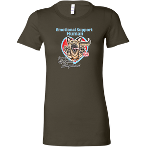 a womens dark grey shirt featuring the original German Shepherd dog artwork by OMG You're HOME! The text "Emotional Support Human" appears above the design in light blue letters. 