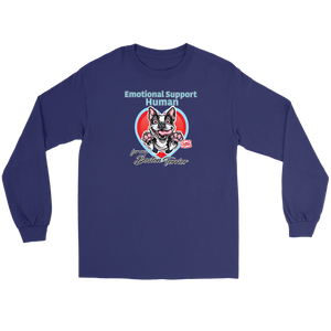 Boston Terrier dog on navy blue long sleeve tee