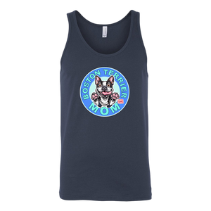 a navy blue tank top with the OMG You're Home! Boston Terrier dog Mom design on the front 