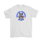 a men's white t-shirt featuring the Boston Terrier dog dad design on the front