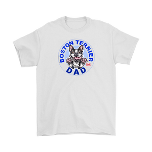 a men's white t-shirt featuring the Boston Terrier dog dad design on the front