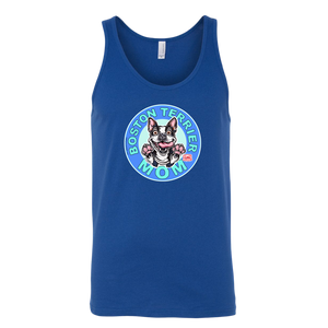 a royal blue tank top with the OMG You're Home! Boston Terrier dog Mom design on the front 