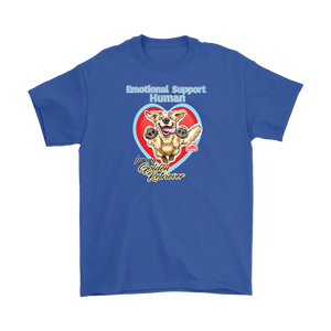 a royal blue Gildan Mens T-Shirt featuring the OMG You're Home Golden Retriever dog design with Emotional Support Human above the dog. 