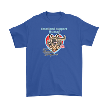 Load image into Gallery viewer, A mens royal blue t-shirt with the OMG You&#39;re HOME! German Shepherd dog design on the front