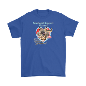 A mens royal blue t-shirt with the OMG You're HOME! German Shepherd dog design on the front