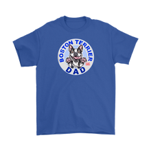 Load image into Gallery viewer, a men&#39;s royal blue t-shirt featuring the Boston Terrier dog dad design on the front