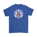 a men's royal blue t-shirt featuring the Boston Terrier dog dad design on the front
