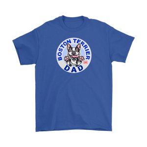 a men's royal blue t-shirt featuring the Boston Terrier dog dad design on the front