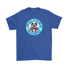 Load image into Gallery viewer, Front view of a royal blue Gildan t-shirt with the OMG Boston Terrier dog design with Welcome Home! on the front center  in full color