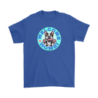 Front view of a royal blue Gildan t-shirt with the OMG Boston Terrier dog design with Welcome Home! on the front center  in full color