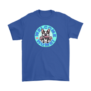 Front view of a royal blue Gildan t-shirt with the OMG Boston Terrier dog design with Welcome Home! on the front center  in full color