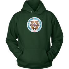 Load image into Gallery viewer, front view of a green hoodie featuring original Red Nose Pitbull rescue artwork by OMG You&#39;re HOME!