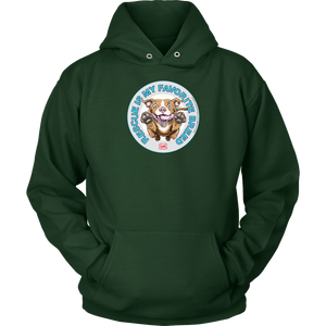 front view of a green hoodie featuring original Red Nose Pitbull rescue artwork by OMG You're HOME!