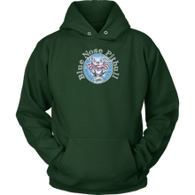 Load image into Gallery viewer, the front view of a green unisex Hoodie featuring the OMG You&#39;re Home Blue Nose Pitbull dog design in full color.