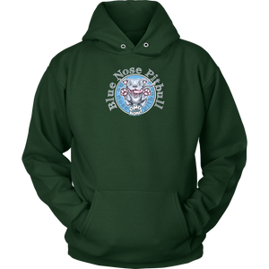 the front view of a green unisex Hoodie featuring the OMG You're Home Blue Nose Pitbull dog design in full color.