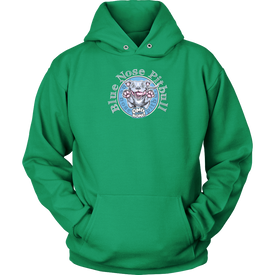 the front view of a lime green unisex Hoodie featuring the OMG You're Home Blue Nose Pitbull dog design in full color.