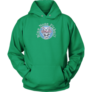 the front view of a lime green unisex Hoodie featuring the OMG You're Home Blue Nose Pitbull dog design in full color.